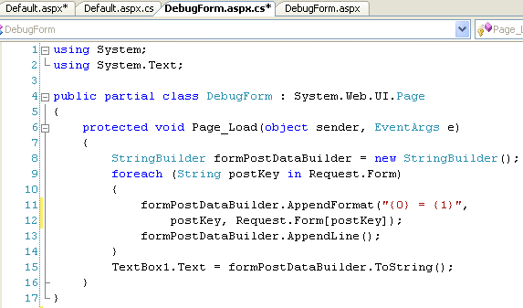 C# code-behind in DebugForm.aspx that enumerates Request.Form and writes every variable the PayPal button submitted so you can verify what is being sent.