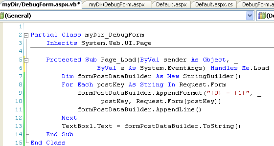 VB.NET code-behind in DebugForm.aspx that enumerates Request.Form and writes every variable the PayPal button submitted so you can verify what is being sent.