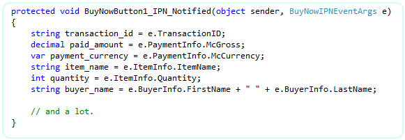 Naive C# IPN_Notified handler that reads transaction data and records it, without any fraud-detection or payment-verification logic; used here as the starting point before the four hardening steps.