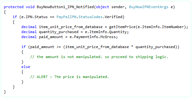 Fraud-detection step 2 in C#: verify the IPN gross amount matches the expected price for the purchased item so a tampered button cannot underpay you.