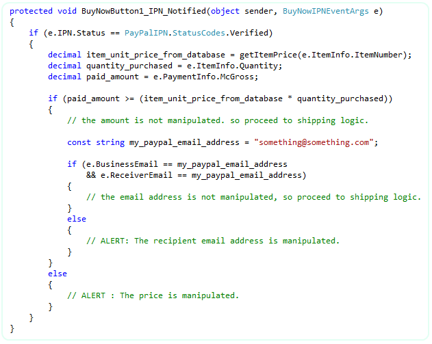 Fraud-detection step 3 in C#: verify currency code and payment_status = Completed before fulfilling the order so pending or refunded payments do not trigger delivery.