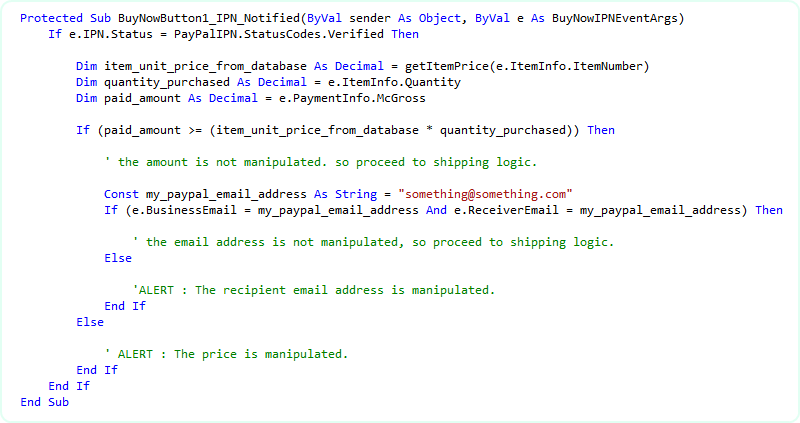 Fraud-detection step 3 in VB.NET: verify currency code and payment_status = Completed before fulfilling the order so pending or refunded payments do not trigger delivery.