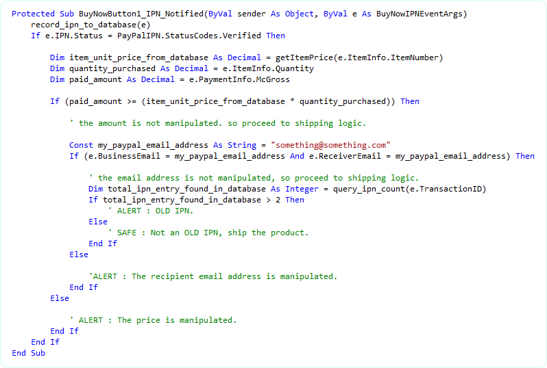 Fraud-detection step 4 in VB.NET: record the IPN transaction id and reject duplicates so a replayed IPN cannot trigger a second delivery for the same payment.