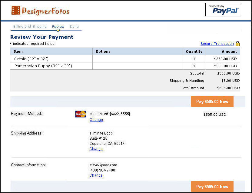 Screenshot of the PayPal-hosted checkout page where the shopper enters credit-card or PayPal-account credentials to complete the payment.