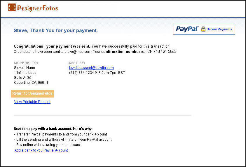 Screenshot of the PayPal payment confirmation step with the link that returns the buyer to the merchant's site once the transaction completes.