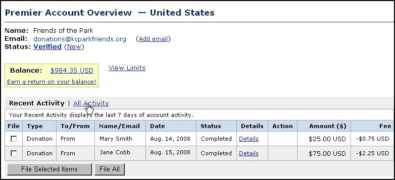 PayPal account 'Recent Activity' transaction list animated screenshot showing how the merchant sees incoming Website Payments Standard payments in their PayPal dashboard.