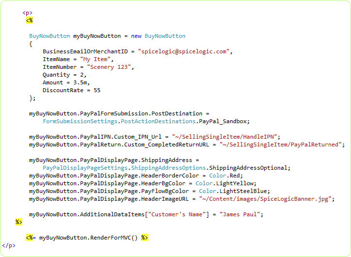 Razor view using the MVC Buy Now button HTML helper with merchant id, item name, amount, and IPN/return action route arguments wired up.