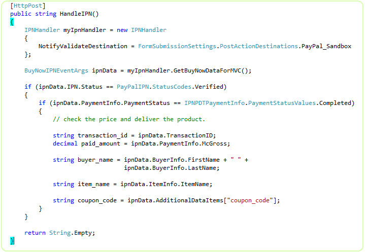 C# MVC controller action serving as the IPN handler for the Buy Now button, reading the strongly-typed IPN data and recording the transaction.