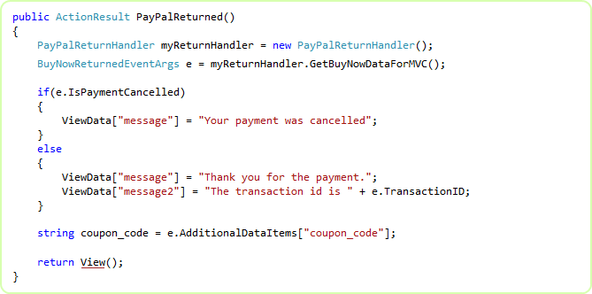 C# MVC controller action handling the PayPal return for the Buy Now button without PDT, branching on cancellation and rendering the thank-you view.