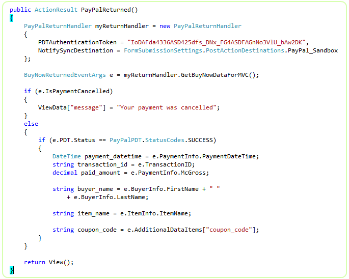C# MVC controller action handling the PayPal return for the Buy Now button with PDT enabled, reading PDT data (transaction id, gross, buyer) and rendering the thank-you view.