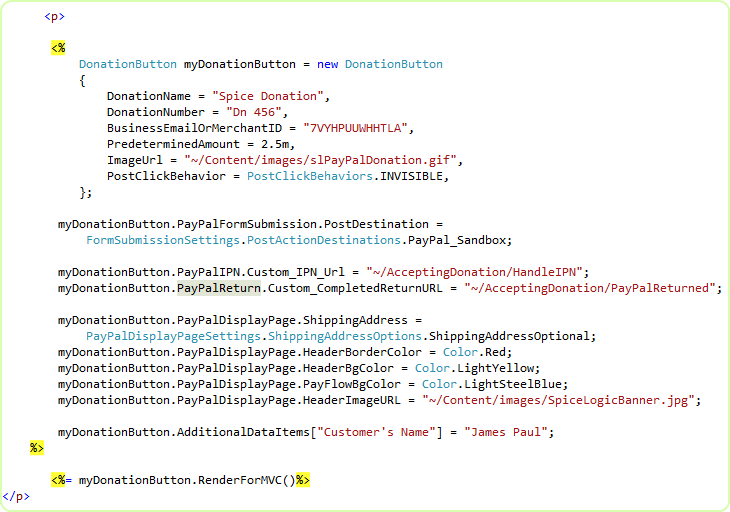 Razor view using the MVC Donation button HTML helper with merchant id, donation name, amount, currency, and IPN/return action route arguments wired up.