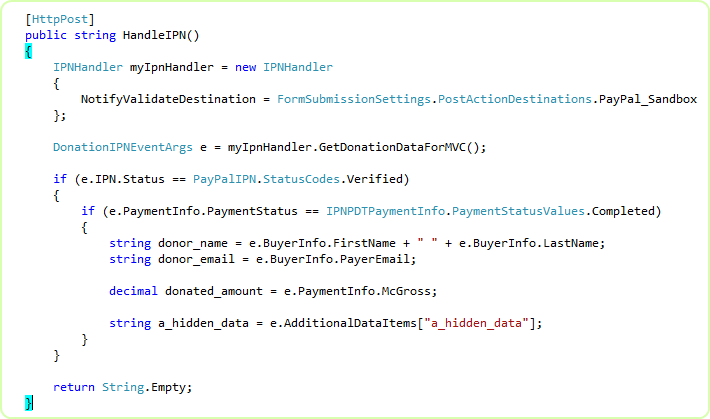 C# MVC controller action serving as the IPN handler for the Donation button, reading the strongly-typed IPN data and recording the donation.