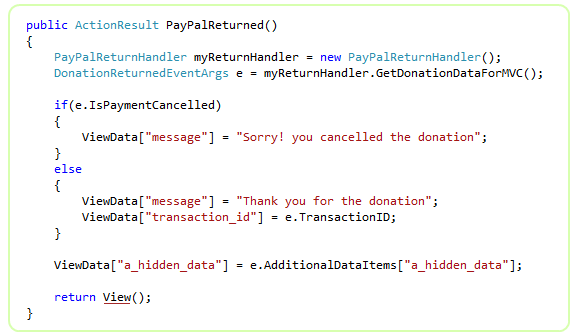 C# MVC controller action handling the PayPal return for the Donation button without PDT, branching on cancellation and rendering the thank-you view.