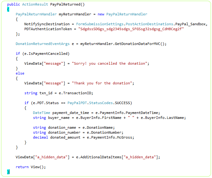 C# MVC controller action handling the PayPal return for the Donation button with PDT enabled, reading PDT data (transaction id, gross, donor) and rendering the thank-you view.