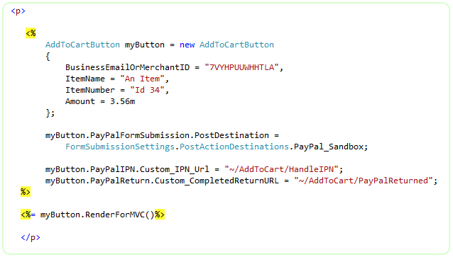 Razor view using the MVC Add to Cart button HTML helper with merchant id, item name, amount, and IPN/return action route arguments wired up.