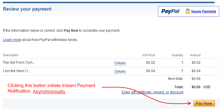PayPal-hosted shopping cart page after MVC Add to Cart items were uploaded; the Pay Now checkout button is highlighted because Add to Cart only uploads items and PayPal itself provides the checkout step.