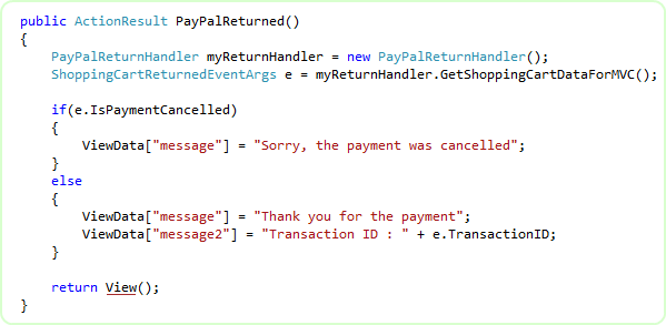 C# MVC controller action handling the PayPal return for the Add to Cart button without PDT, branching on cancellation and rendering the thank-you view.