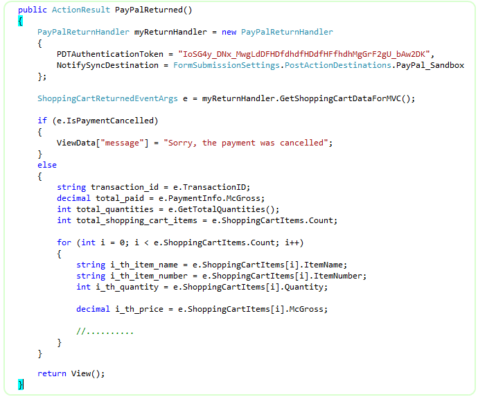 C# MVC controller action handling the PayPal return for the Add to Cart button with PDT enabled, reading PDT data (transaction id, gross, buyer, items) and rendering the thank-you view.