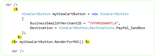Razor view using the MVC View Cart button HTML helper that takes the shopper to the PayPal-hosted shopping cart to view added items.