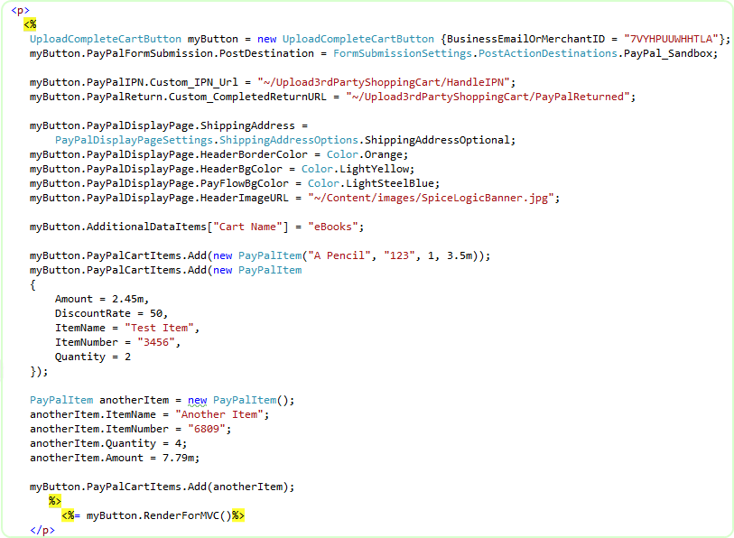 Razor view using the MVC Upload Complete Cart button HTML helper to send a server-built collection of cart items to PayPal in one request.