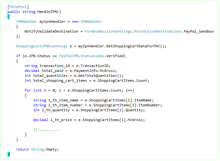C# MVC controller action serving as the IPN handler for the Upload Complete Cart button, reading the strongly-typed IPN data and recording the transaction.