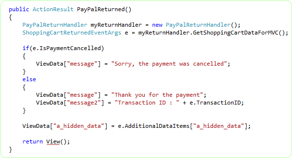 C# MVC controller action handling the PayPal return for the Upload Complete Cart button without PDT, branching on cancellation and rendering the thank-you view.