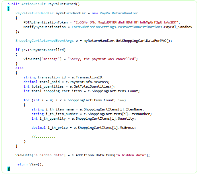 C# MVC controller action handling the PayPal return for the Upload Complete Cart button with PDT enabled, reading PDT data (transaction id, gross, buyer, line items) and rendering the thank-you view.