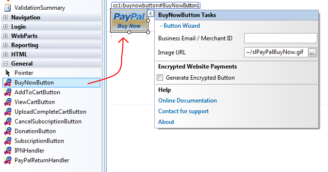 Buy Now Button dropped onto an ASP.NET Web Form in the Visual Studio designer with the Smart Tag panel open and the PayPal controls toolbox visible on the left.