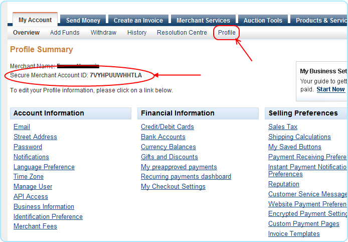 PayPal Profile Summary page showing the Secure Merchant Account ID, accessed from the Profile tab in the PayPal account.