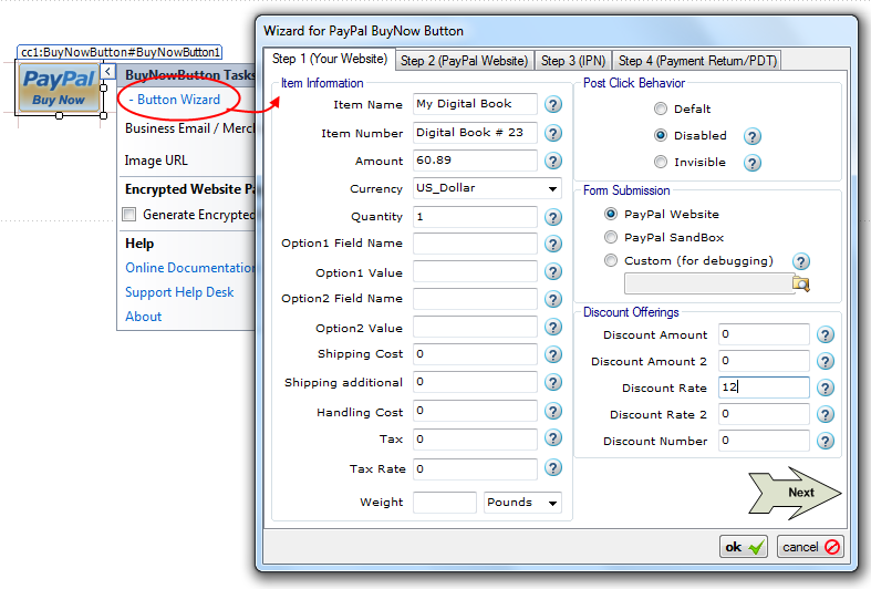 Step 1 (Your Website) of the Buy Now Button Wizard with sample item name, item number, amount, currency, and discount-offering fields filled in.