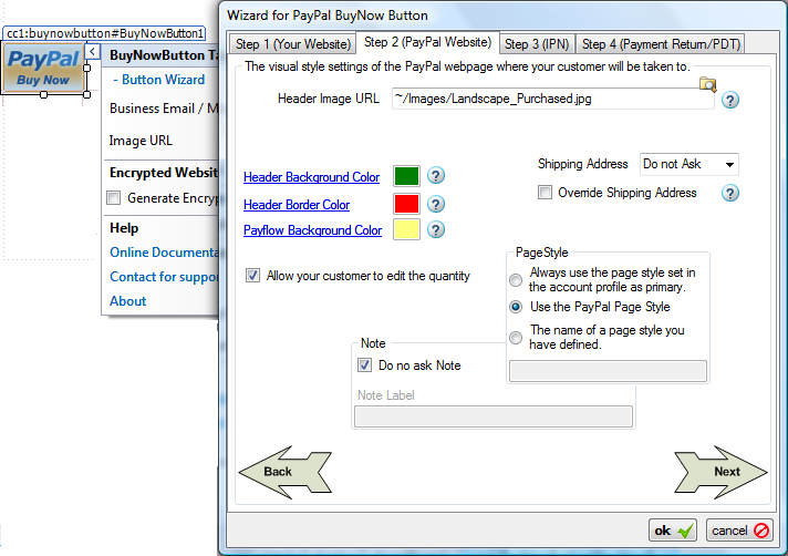 Step 2 (PayPal Website) of the Buy Now Button Wizard configuring the PayPal-hosted checkout page: header image URL, header background and border colors, payflow background, and page-style options.