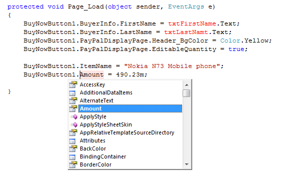 C# Page_Load code setting Buy Now Button properties at runtime (buyer info, PayPal display page colors, editable quantity, item name and amount) with the IntelliSense list visible.