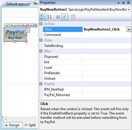 Visual Studio Properties pane Events tab showing the Buy Now Button's Click event bound to BuyNowButton1_Click, with the event description visible.