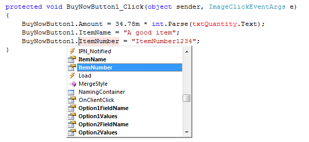 C# Click event handler for the Buy Now Button calculating Amount from a quantity textbox and setting ItemName and ItemNumber before submission to PayPal.