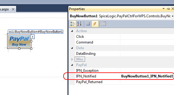 Visual Studio Properties pane Events tab showing the Buy Now Button's IPN_Notified event bound to a handler method.