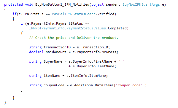 C# IPN_Notified event handler reading transaction id, gross amount, buyer name and item info from the strongly-typed event args.