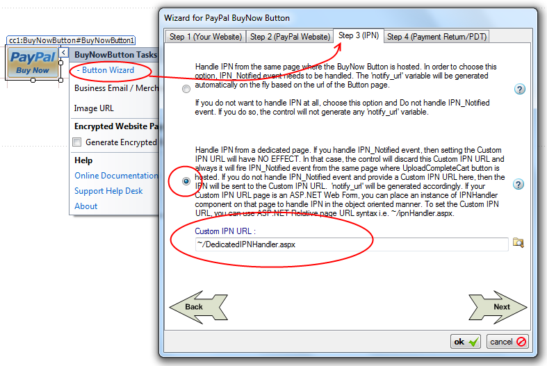 Step 3 (IPN) of the Buy Now Button Wizard with the dedicated-page option selected and a Custom IPN URL pointing to a dedicated IPN handler page.