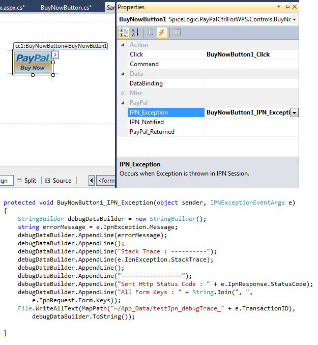 IPN_Exception event handler in C# writing the exception message, stack trace, response status code and form keys to a debug trace file for troubleshooting.