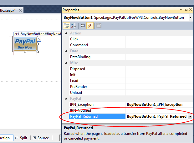 Visual Studio Properties pane Events tab showing the Buy Now Button's PayPal_Returned event bound to BuyNowButton1_PayPal_Returned.