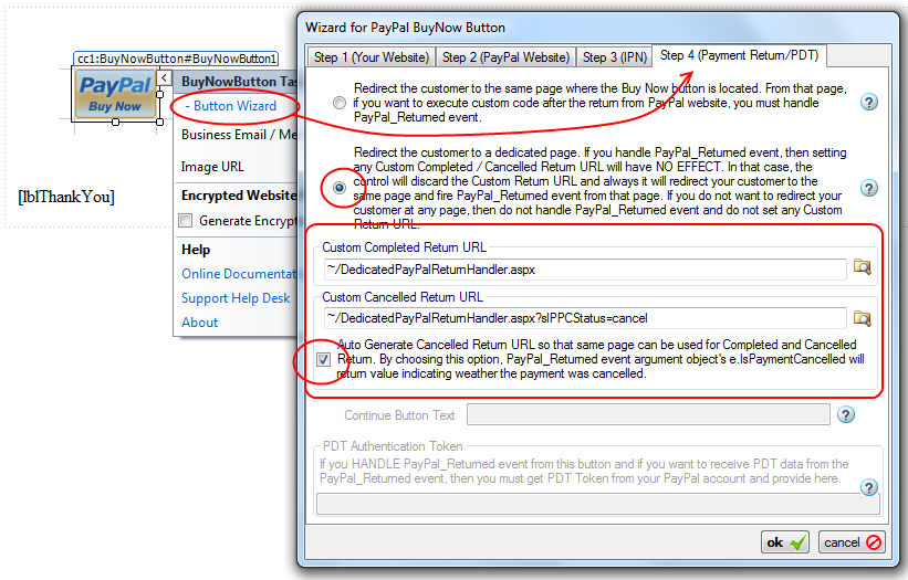 Step 4 (Payment Return/PDT) of the Buy Now Button Wizard with the dedicated-page option selected, custom Completed and Cancelled Return URLs, and the auto-generate cancelled URL option.