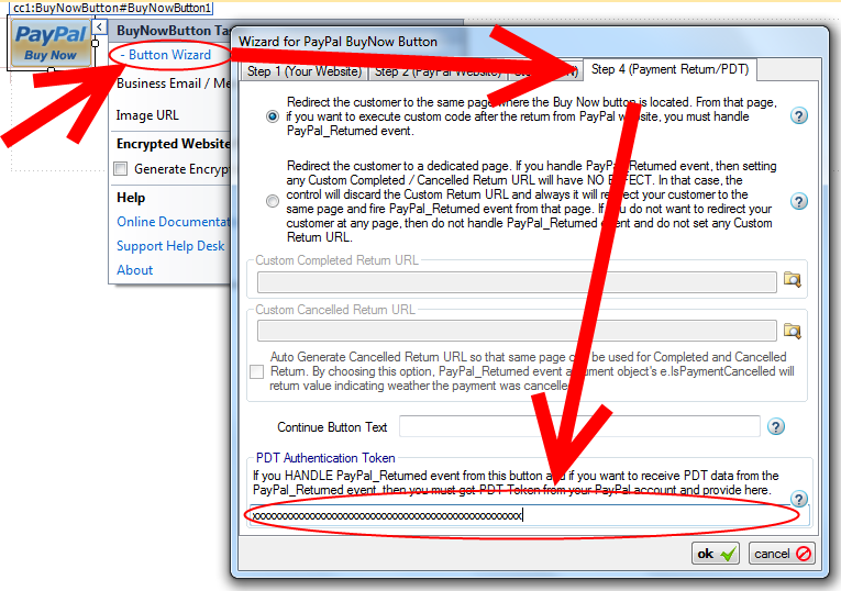 Step 4 of the Buy Now Button Wizard with arrows highlighting the PDT Authentication Token field, used to retrieve Payment Data Transfer information from PayPal.
