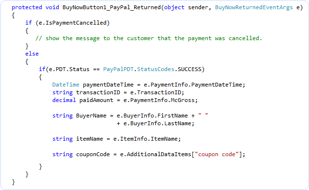 C# PayPal_Returned event handler that branches on cancellation and reads PDT data (date, transaction id, gross, buyer) on success.