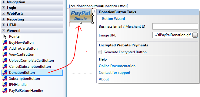 Donation Button dropped onto an ASP.NET Web Form in the Visual Studio designer with the Smart Tag panel open and the PayPal controls toolbox visible on the left.