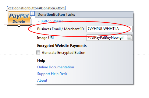 Donation Button Smart Tag with the Business Email / Merchant ID field filled with the PayPal merchant account ID.