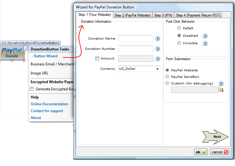 Step 1 (Your Website) of the Donation Button Wizard with sample donation name, donation reference, amount, currency, and donor-can-edit-amount option filled in.