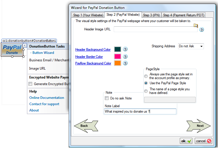Step 2 (PayPal Website) of the Donation Button Wizard configuring the PayPal-hosted donation page: header image URL, header background and border colors, payflow background, and page-style options.