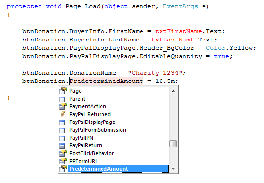 C# Page_Load code setting Donation Button properties at runtime (DonationName 'Charity 1234', PredeterminedAmount 10.5m, currency, and PayPal page colors) with the IntelliSense list visible.