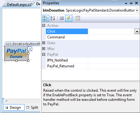 Visual Studio Properties pane Events tab showing the Donation Button's Click event bound to DonationButton1_Click, with the event description visible.