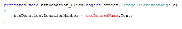 C# Click event handler for the Donation Button setting btnDonation.DonationNumber from a donor-name textbox before the donation request is sent to PayPal.