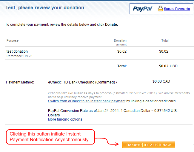 PayPal 'Test, please review your donation' page in the browser showing donation amount, eCheck payment method option, and the Donate Now button that finalizes the contribution.
